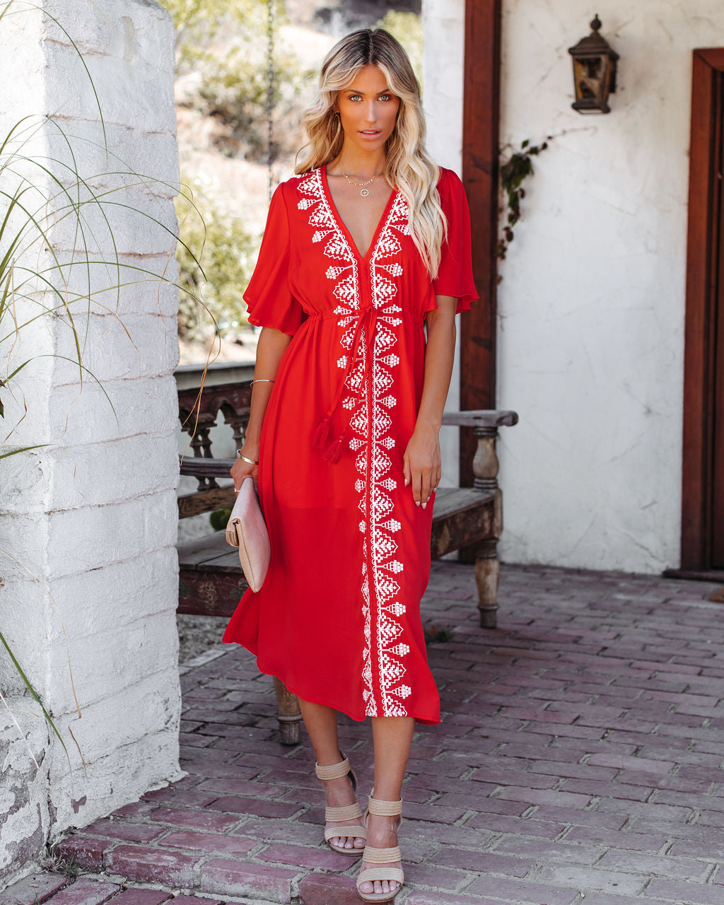 Presidio Embroidered Tassel Midi Dress Tomato Red
