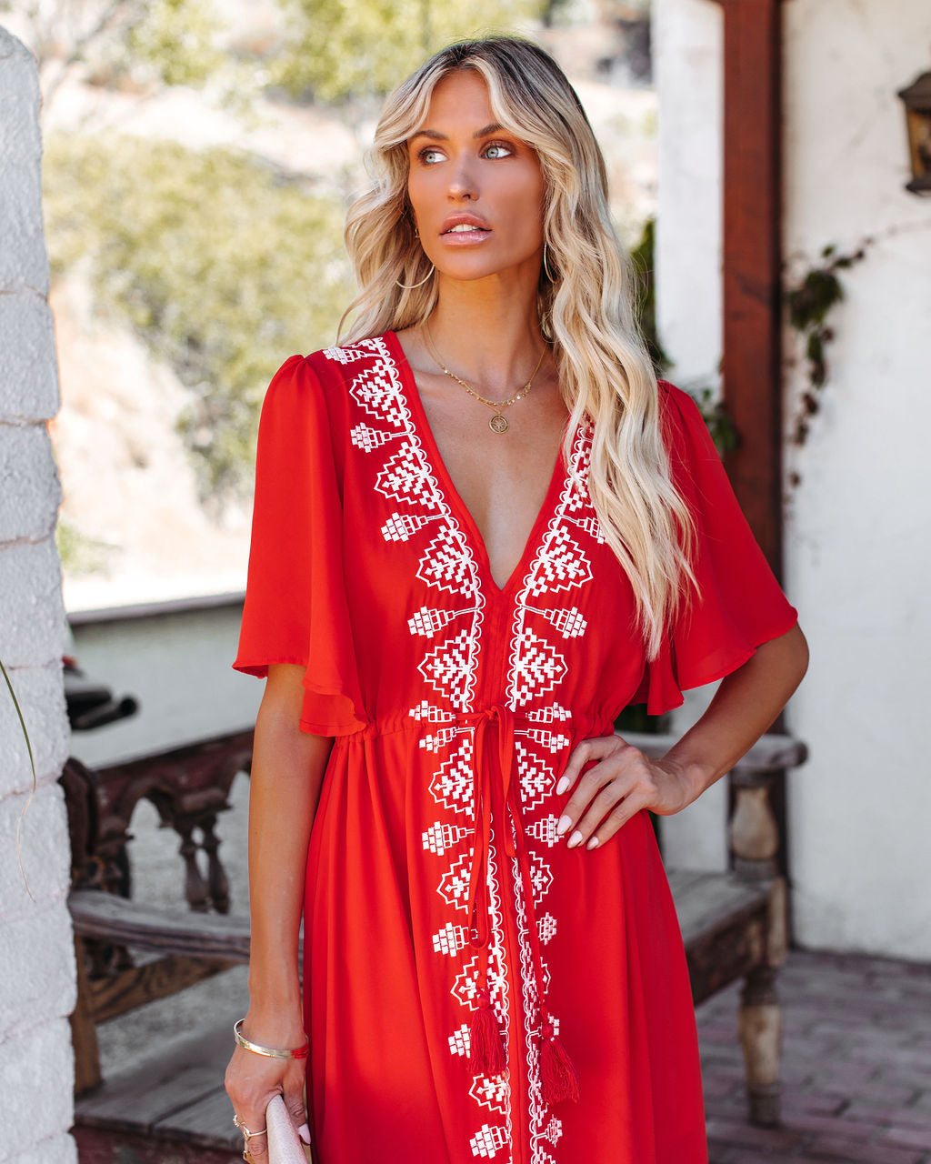 Presidio Embroidered Tassel Midi Dress Tomato Red