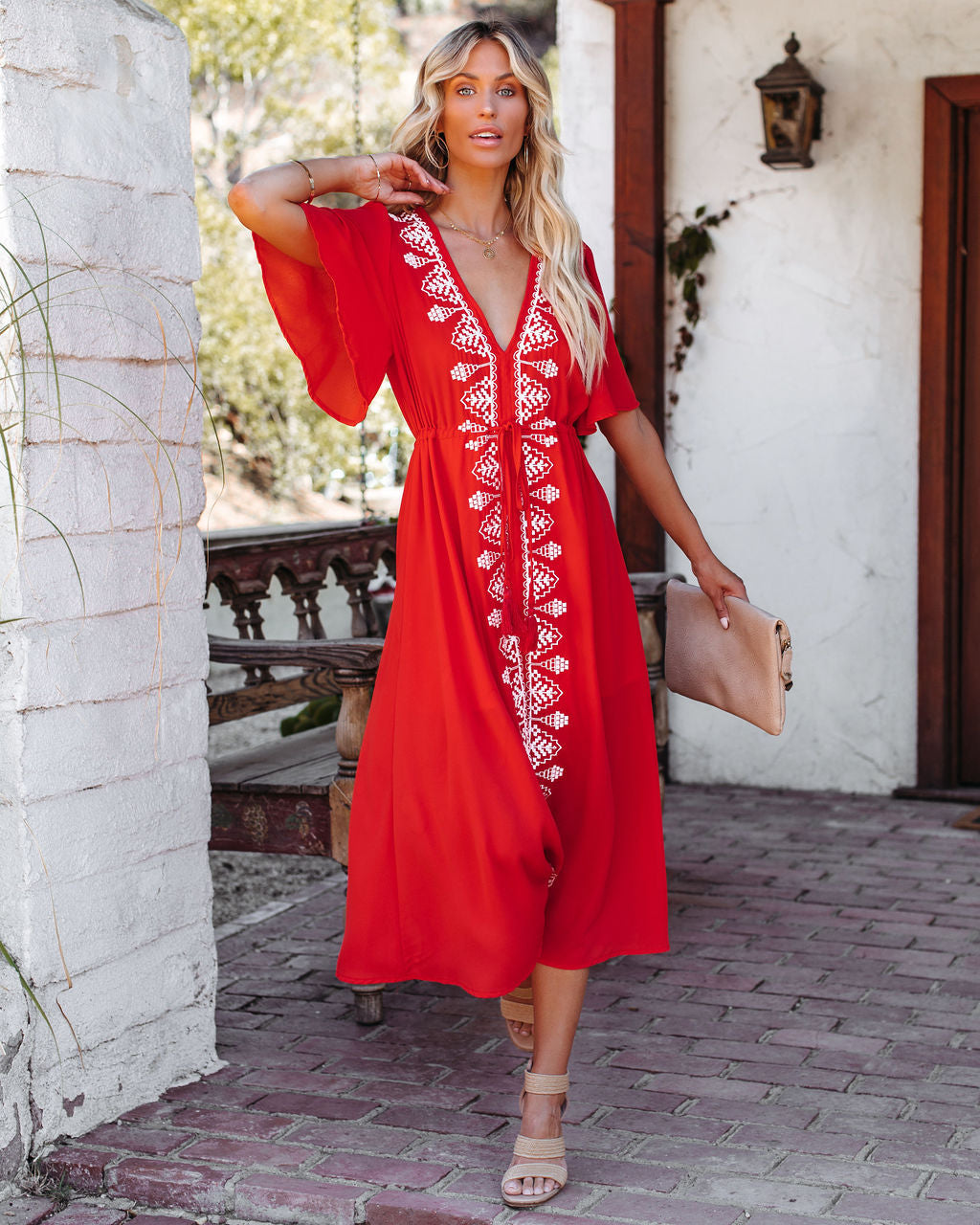 Presidio Embroidered Tassel Midi Dress Tomato Red