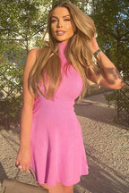 Pretty Ribbed High Neck A Line Sleeveless Mini Dress - Pink