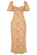 Pretty Tie Neck Puff Sleeve Floral Print Puff Sleeve Summer Maxi Sundress - Yellow