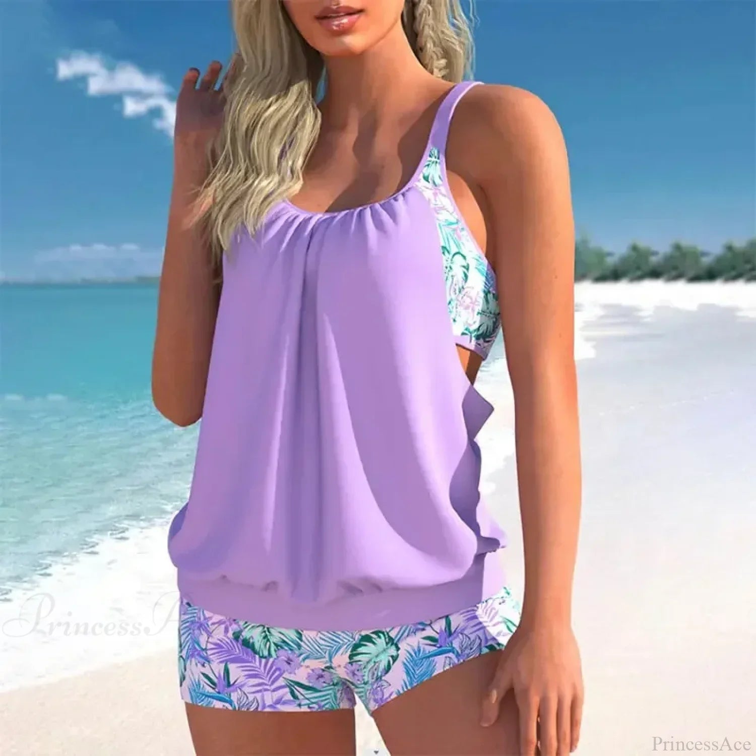 Print High Waist Tankini Two Piece Set