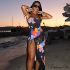Print Off Shoulder Ruffle Strapless Backless Sleeveless SlimEvening Vestidos Floral Dress