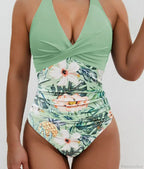 Print Patchwork Halter Push Up One Piece Set