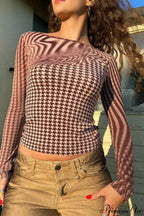 Printed Crew Neck Cropped Long Sleeve Tee