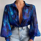 Printed Lantern Sleeve Vintage Floral Button Long Sleeve Blouse