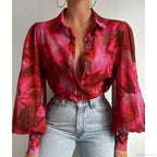Printed Lantern Sleeve Vintage Floral Button Long Sleeve Blouse