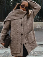 Printed Scarf Collar Woolen Coat
