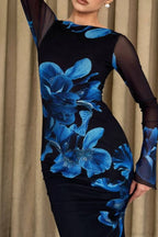 Printed Tulle Panel Fitted Maxi Dress