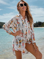 Printed Turn-Down Collar Beach Cover Up