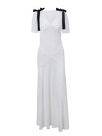 French V Neck Puff Sleeve Tie Bow Maxi Dress