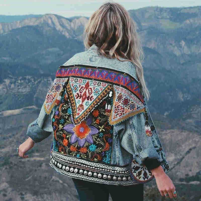 Boho Denim Floral Appliques Embroidery Vintage Coat