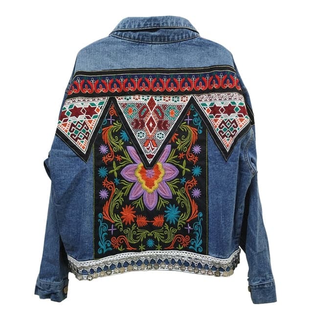 Boho Denim Floral Appliques Embroidery Vintage Coat