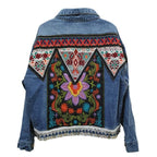 Boho Denim Floral Appliques Embroidery Vintage Coat