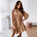 DressBetty - Women Vintage Ruffled Front Button A-line Dress Long Sleeve Stand Collar Solid Elegant Casual Mini Dress Autumn New Dress