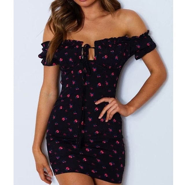 Floral Wrap Off Shoulder Tie Up Front Ruffle Slash Neck Dress