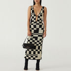 Backless Plaid Print Spaghetti Strap Hollow Out Vestidos Maxi Dress