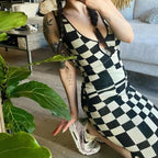 Backless Plaid Print Spaghetti Strap Hollow Out Vestidos Maxi Dress