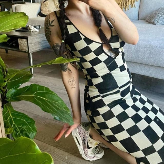 Backless Plaid Print Spaghetti Strap Hollow Out Vestidos Maxi Dress