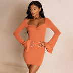 Flare Sleeve Bodycon V Neck Bandage Dress