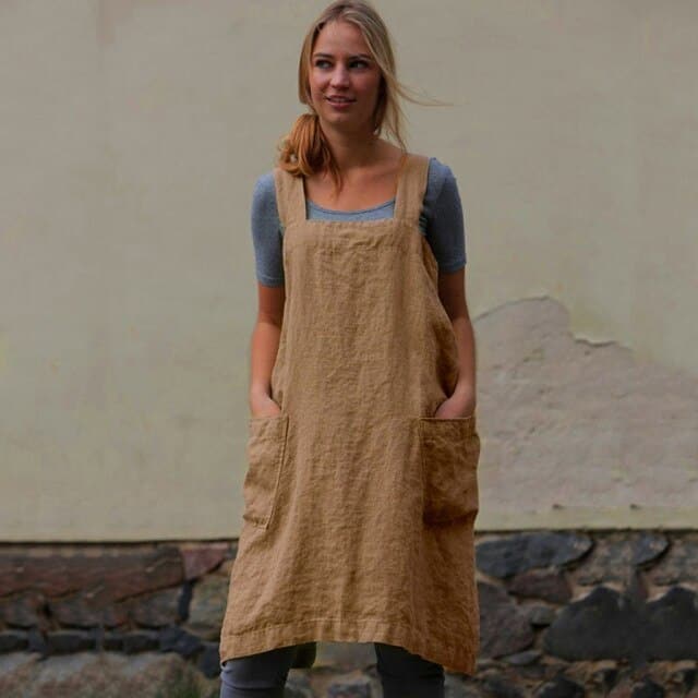 Female Square Cross Apron Dresses Women Cotton Linen Pinafore Dresses