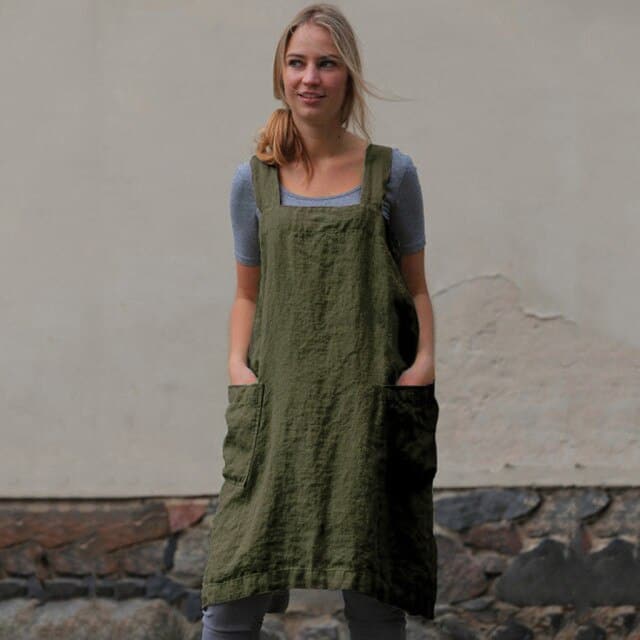 Female Square Cross Apron Dresses Women Cotton Linen Pinafore Dresses
