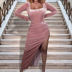 DressBetty - Spring Solid Velvet Long Sleeve Ruched Midi Dress