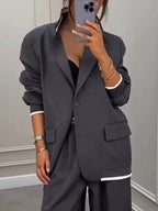 Fashion Sports Style Ribbed Colorblock Lapel Blazer and Elastic Waist Pocket Loose Pants Set