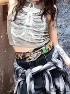 Punk Aesthetic Cyber Retro X-ray Skeleton Print Sleeveless Vest ArmyGreen Crop Designer Clothes Women Summer Emo Tank top