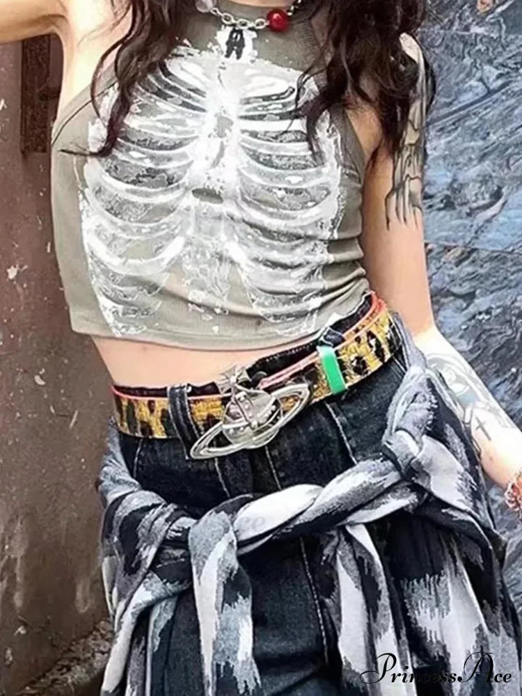 Punk Aesthetic Cyber Retro X-ray Skeleton Print Sleeveless Vest ArmyGreen Crop Designer Clothes Women Summer Emo Tank top