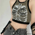 Punk Aesthetic Cyber Retro X-ray Skeleton Print Sleeveless Vest ArmyGreen Crop Designer Clothes Women Summer Emo Tank top