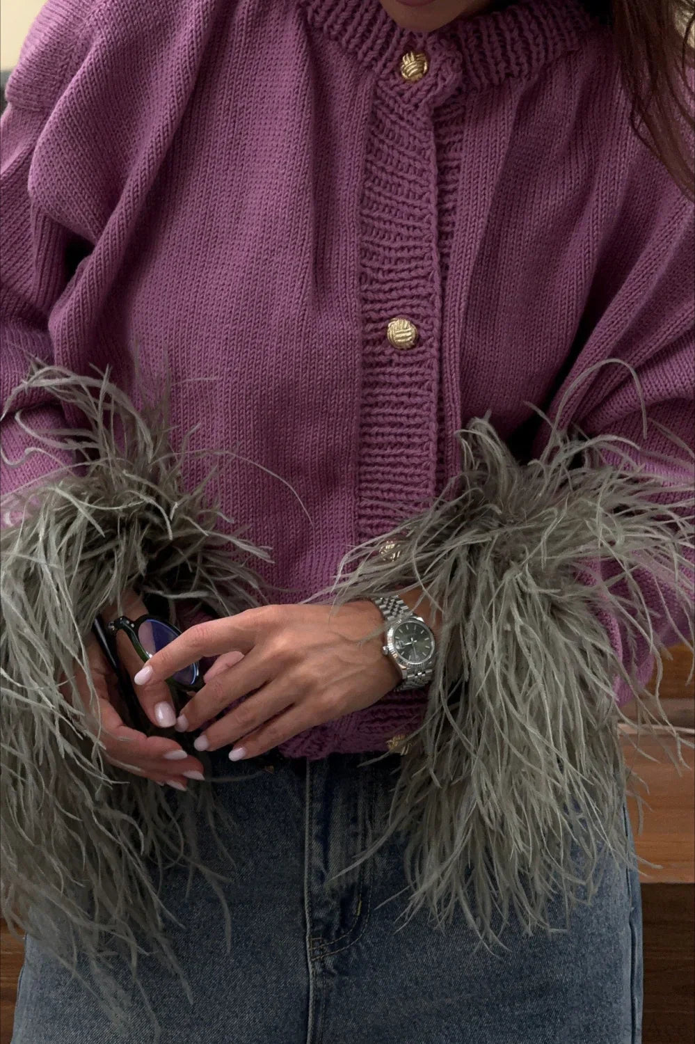 Purple Cropped Fuzzy Cuff Paneled Sweater