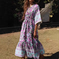 Purple Floral Print Batwing Sleeve Maxi Boho Dress