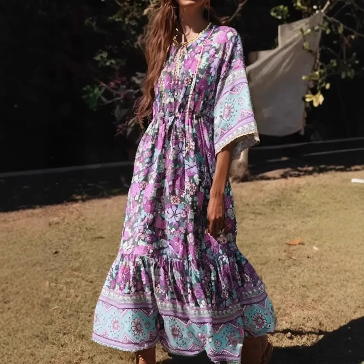 Purple Floral Print Batwing Sleeve Maxi Boho Dress