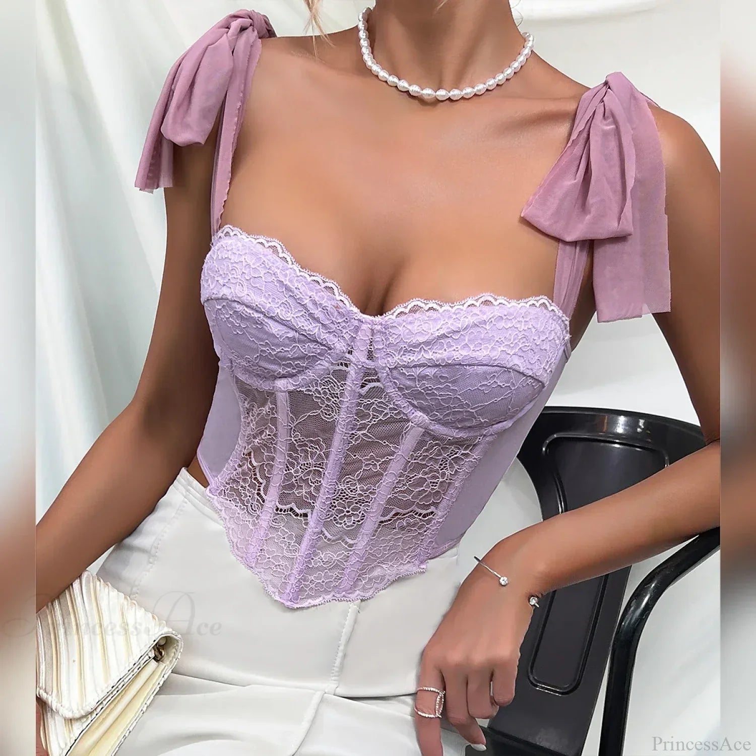Purple Lace Bow Shoulder Strap Fishbone Crop Top