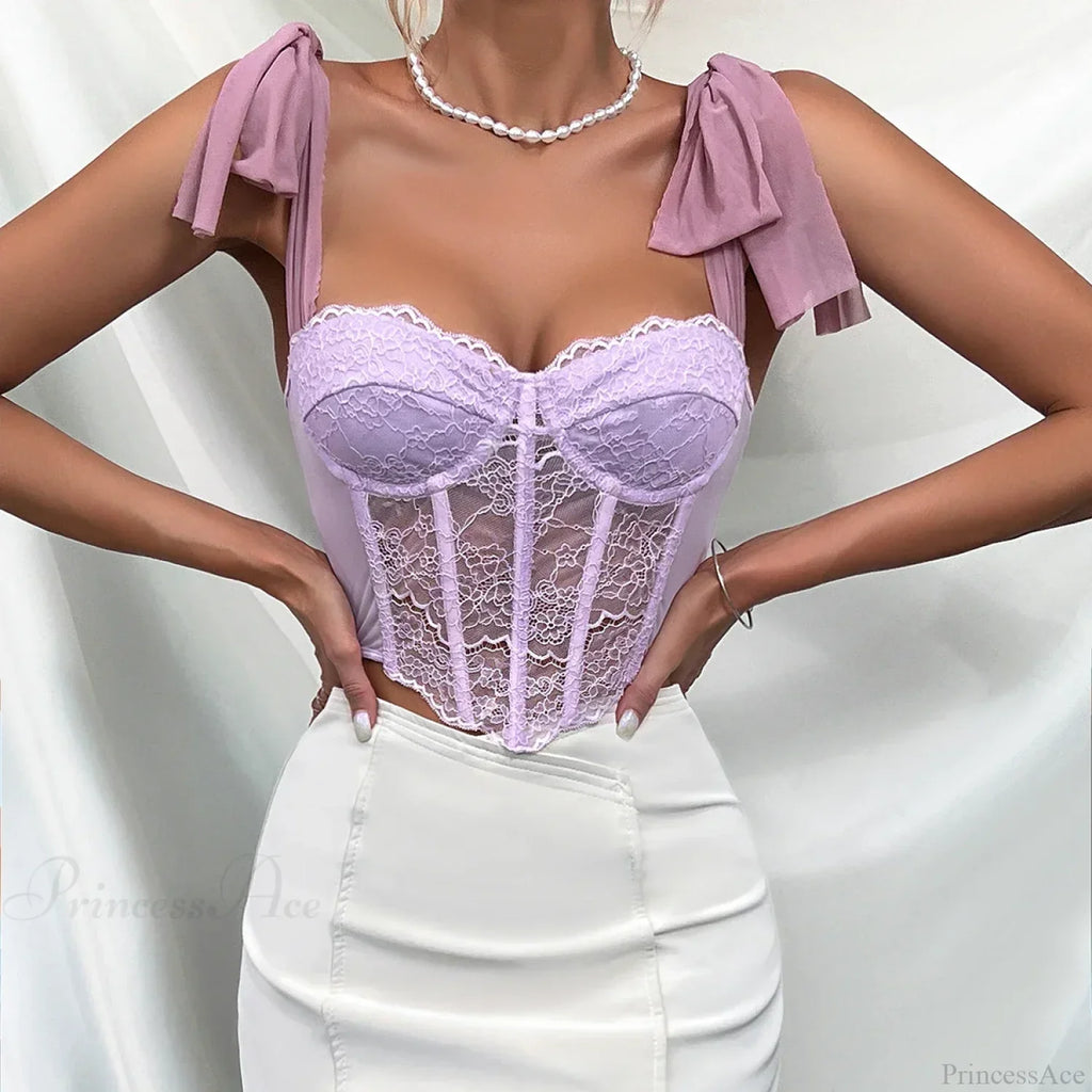 Purple Lace Bow Shoulder Strap Fishbone Crop Top