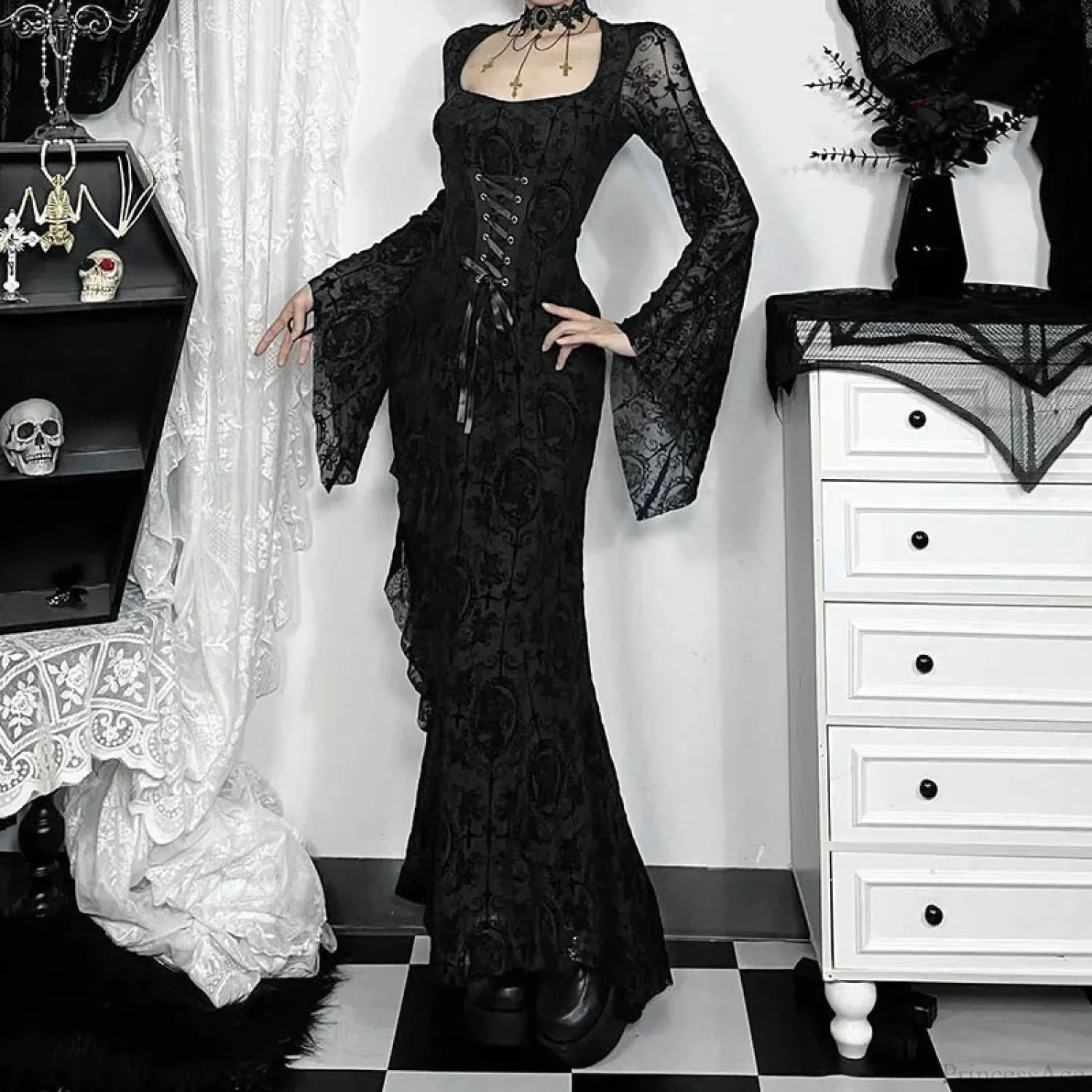 Quadrilateral Neck Corset Flare Full-Length Dress