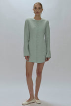 Quiet Luxury Crew Neck Single Breasted Long Sleeve Mini Dress -Lake Blue