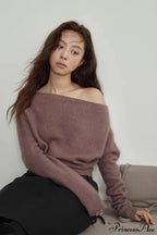 Raccoon Fur Off-Shoulder Cropped Slouchy Knit Top