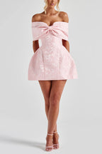 Raquel Floral Jacquard Oversized Off The Shoulder Bow Detail Mini Dress