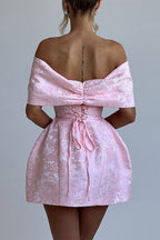 Raquel Floral Jacquard Oversized Off The Shoulder Bow Detail Mini Dress