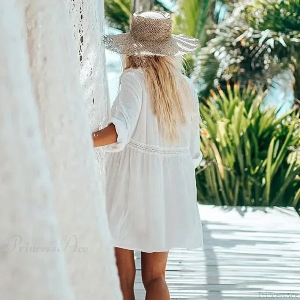 Rayon Lace Loose Boho White Mini Dress