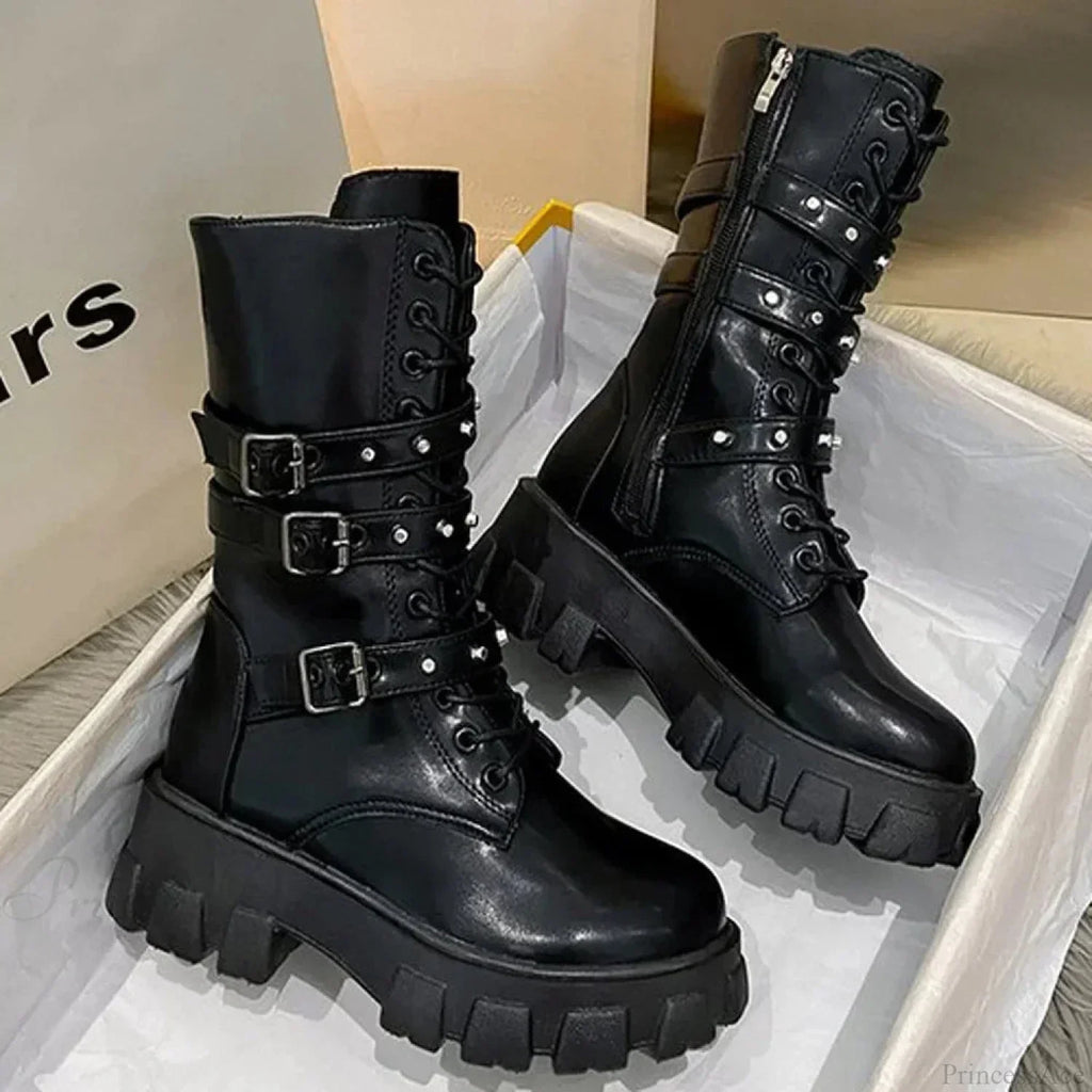 Rebellious Fastener Motorbike Mid-Calf Dark Boot