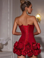Red Fishbone Bandage 3D Flower Mini Party Dress
