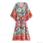 Red Floral Bat Sleeve V-neck Kimono Cover-up Boho Dress