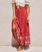 Red Floral Print Beach Bohemian High Waist Rayon Skirt