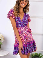 Red Floral Print Short Sleeve Rayon Summer Wrap Mini Boho Dress