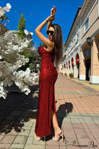 Red Sequin Spaghetti Strap Party Dress
