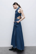 Raquel Premium Maxi Denim Dress with Lapel Collar and Cut Outs Chic Silhouette Collection