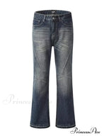 Retro Blue Slim Fit Micro Flare Spring And Autumn Loose Spliced Lines Drop Feel Trendy Jean
